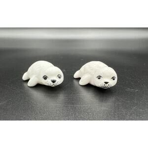 Miniature 1.5” Porcelain Bug House Baby White Harp Seal Pair of 2
